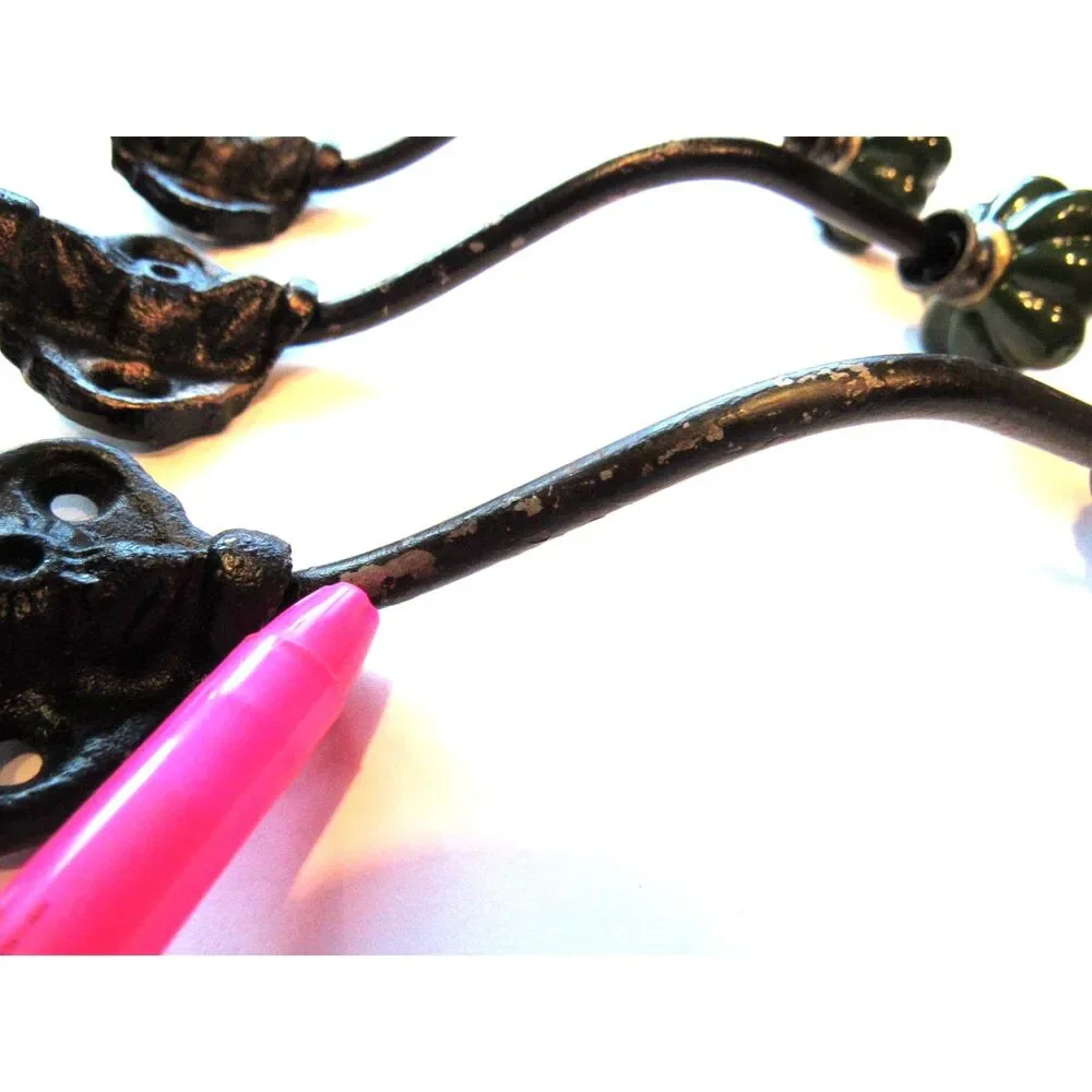 Metal hangers 3 wall hooks beautiful design green red melon ceramic knob 6-3/4in